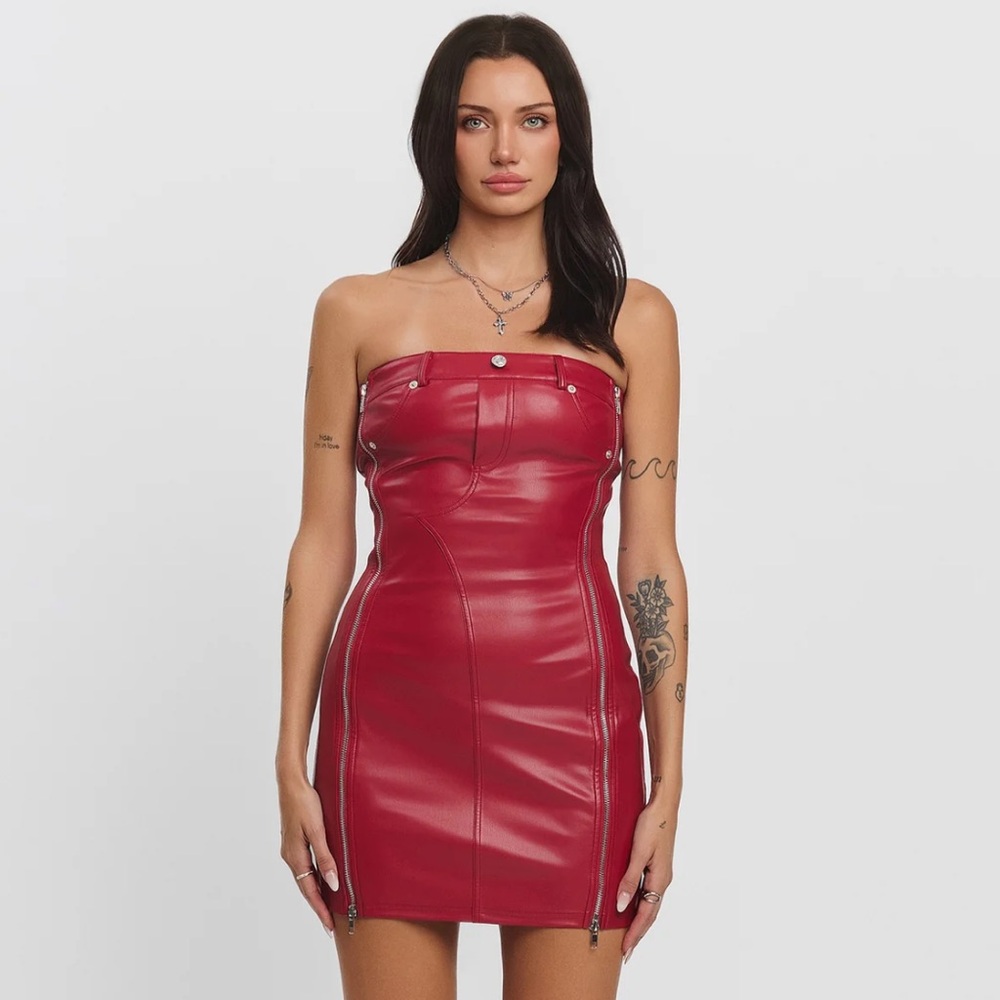 BRAND NEW Red Strapless Leather Dress